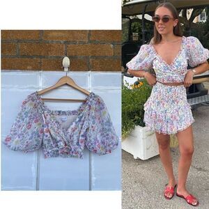 Saylor Teryn multi color floral ruffle smocked top XS